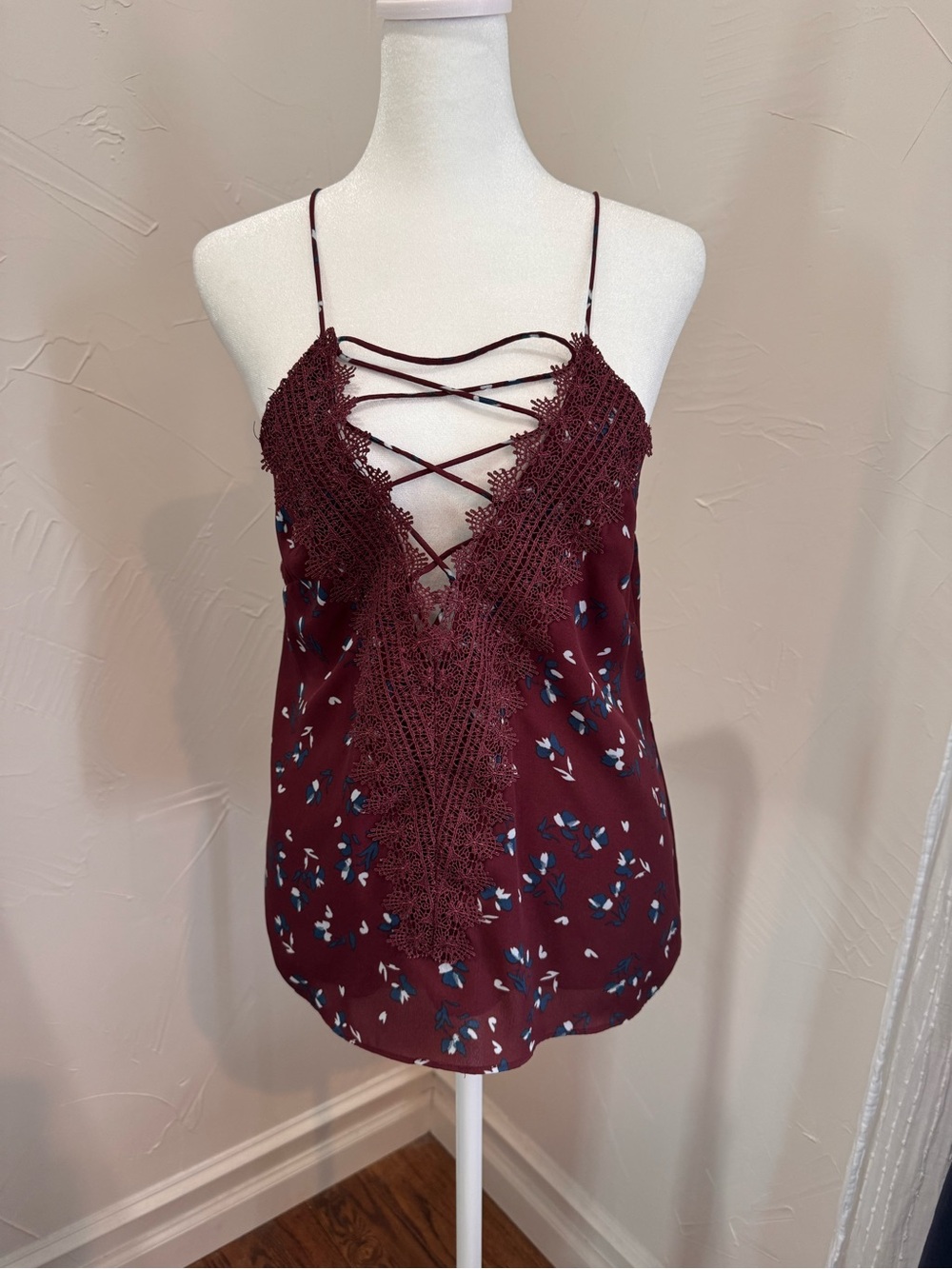 Wayf Burgundy Floral Lace-Up Camisole